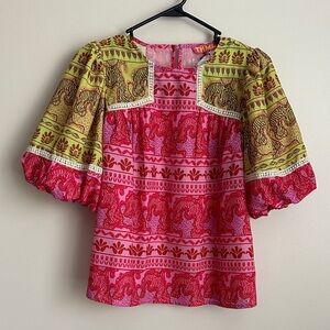 THML Coronado Puff Sleeve Top Blouse Pink, Red & Lime Elephant Safari Print
